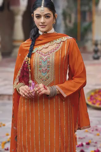 Orange color chinon fabric wedding palazzo dress for ceremonial looks