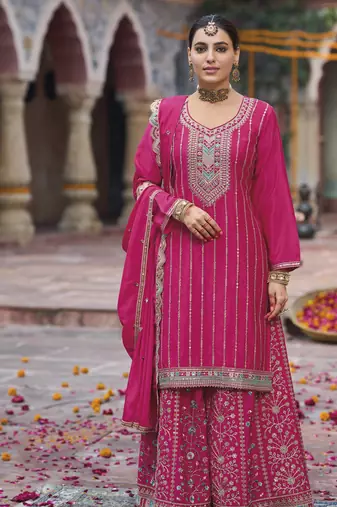 Pink color chinon fabric wedding designer palazzo dress for ceremonial looks