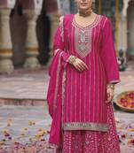 Pink color chinon fabric wedding designer palazzo dress for ceremonial looks