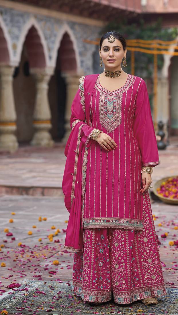 Pink color chinon fabric wedding designer palazzo dress for ceremonial looks