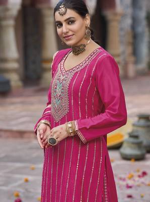 Pink color chinon fabric wedding palazzo dress for ceremonial looks 2