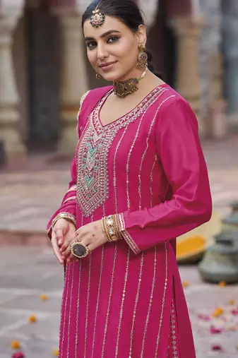 Pink color chinon fabric wedding palazzo dress for ceremonial looks