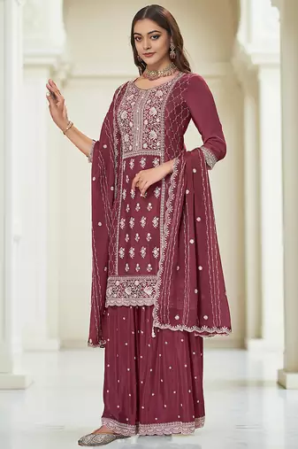 Wine color heavy embroidery work chinon fabric ethnic indian palazzo suit