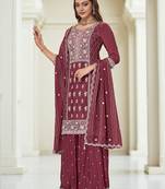 Wine color heavy embroidery work chinon fabric ethnic indian palazzo suit
