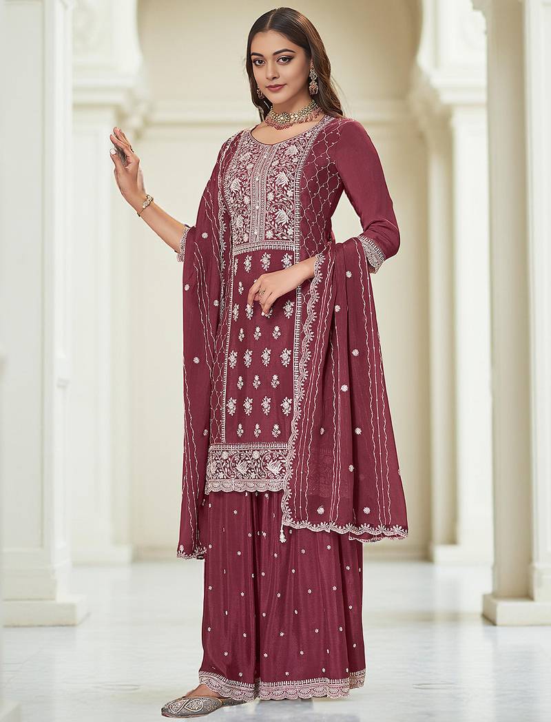 Wine color heavy embroidery work chinon fabric ethnic indian palazzo suit