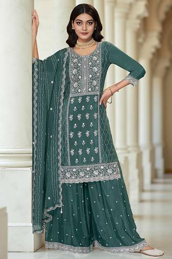 Green color heavy embroidery work chinon fabric ethnic indian palazzo suit
