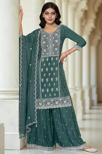 Green color heavy embroidery work chinon fabric ethnic indian palazzo suit