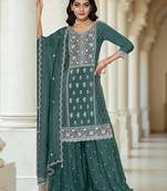 Green color heavy embroidery work chinon fabric ethnic indian palazzo suit