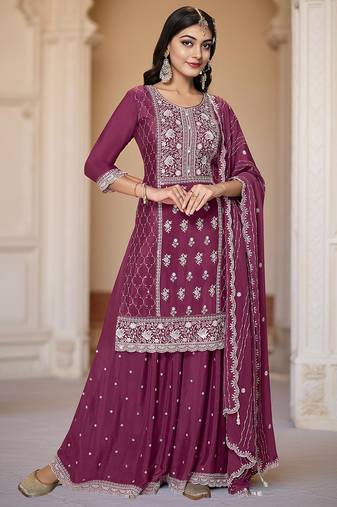 Purple color heavy embroidery work chinon fabric ethnic indian palazzo suit