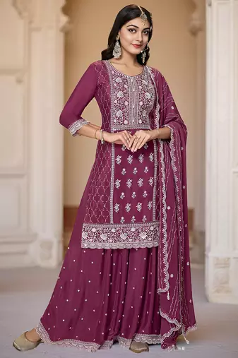 Purple color heavy embroidery work chinon fabric ethnic indian palazzo suit