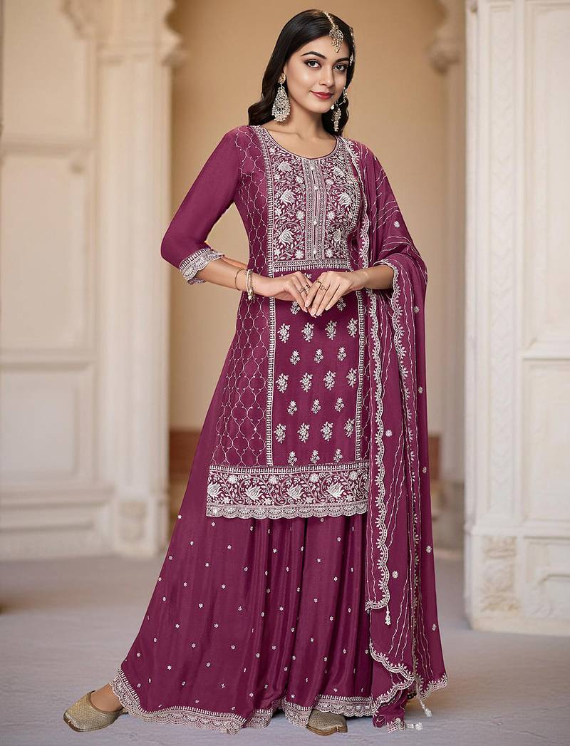 Purple color heavy embroidery work chinon fabric ethnic indian palazzo suit