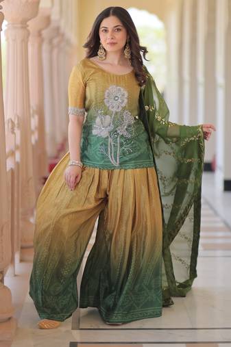 Green color beautiful chinon fabric smart printed and beads work ceremonial sharara dress