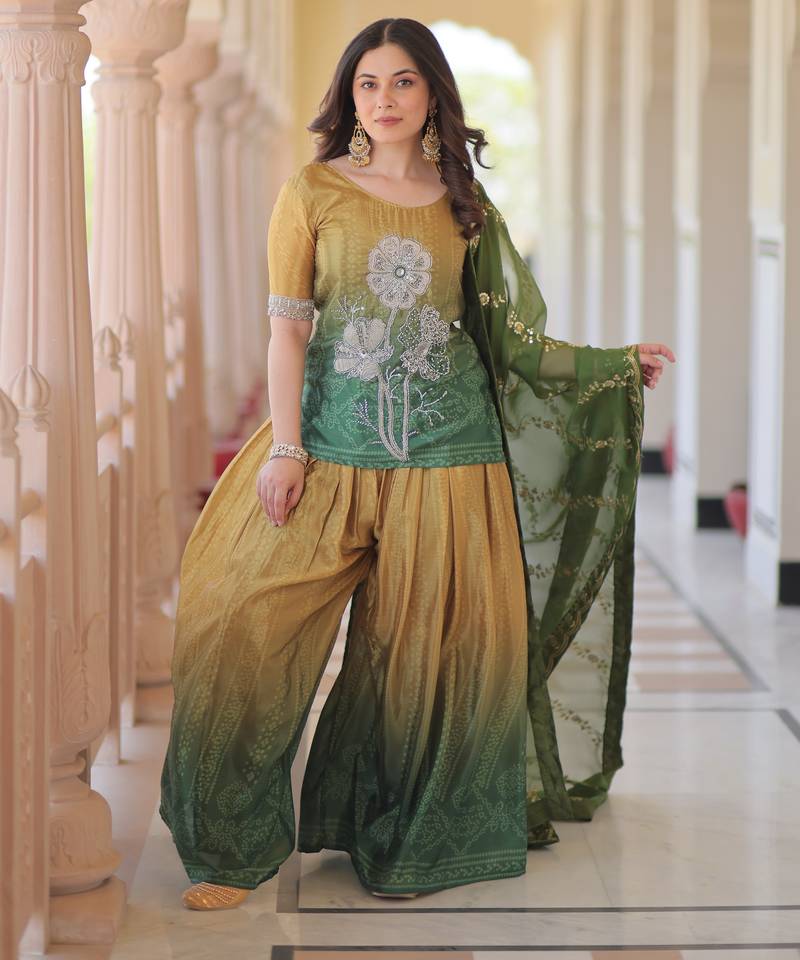 Green color beautiful chinon fabric smart printed and beads work ceremonial sharara dress
