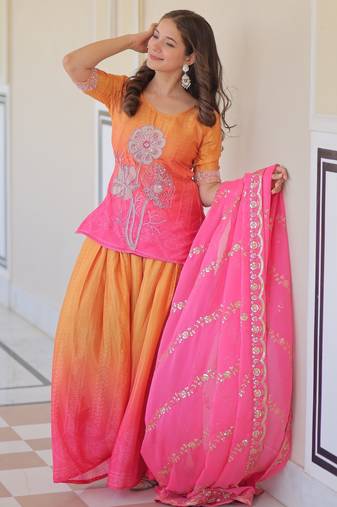 Pink color beautiful chinon fabric smart printed and beads work ceremonial sharara dress