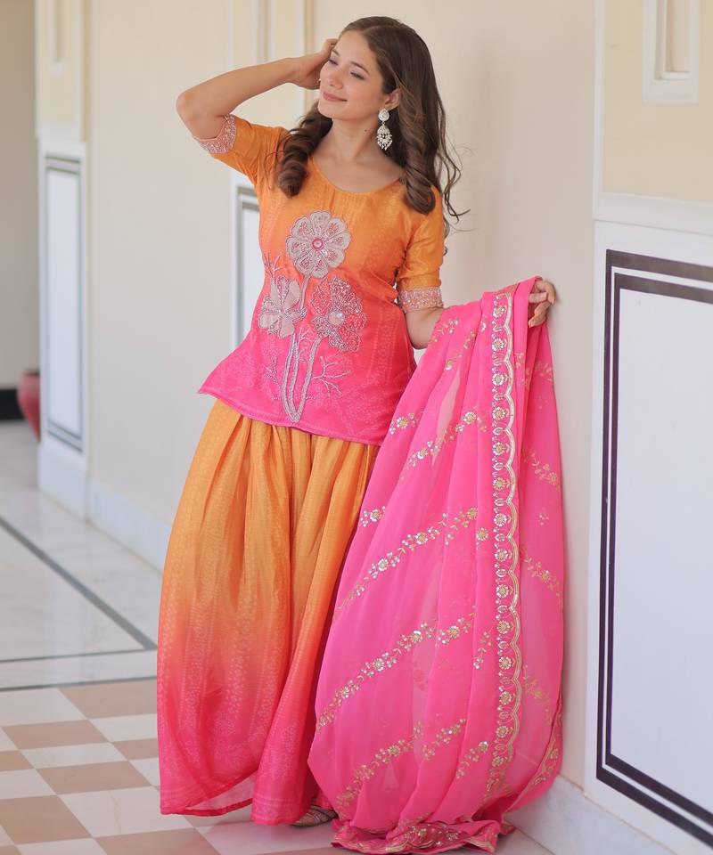 Pink color beautiful chinon fabric smart printed and beads work ceremonial sharara dress