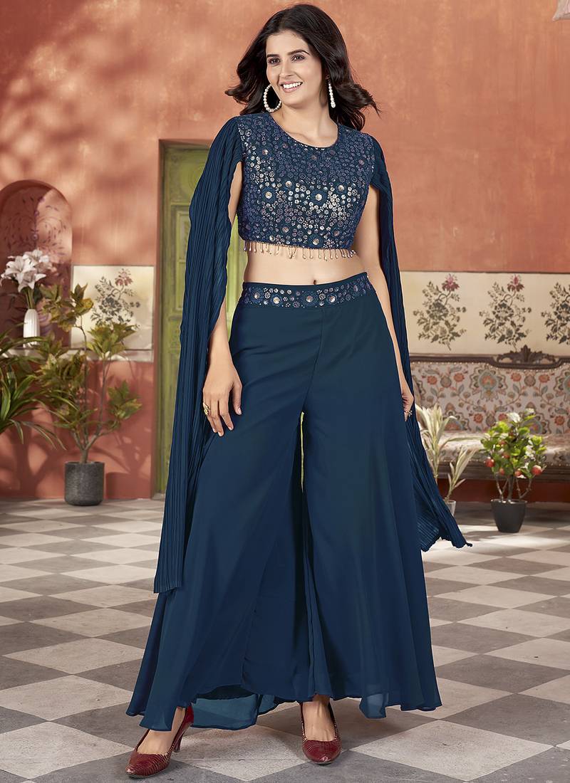Teal blue color beautiful wedding special brides maid favorite ceremonial choli palazzo dress