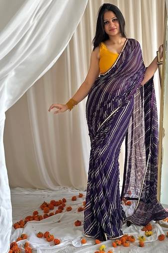 Royal purple chiffon saree in leheriya with foil border work