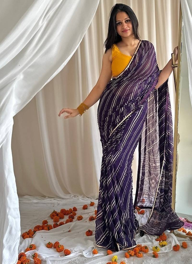 Royal purple chiffon saree in leheriya with foil border work