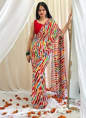 Multicolor chiffon saree in leheriya with scallop border mirror cut-work 1