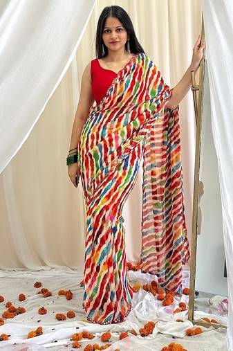 Multicolor chiffon saree in leheriya with scallop border mirror cut-work