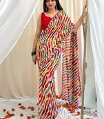 Multicolor chiffon saree in leheriya with scallop border mirror cut-work
