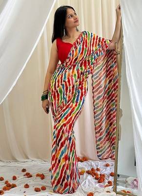 Multicolor chiffon saree in leheriya with scallop border mirror cut-work 2