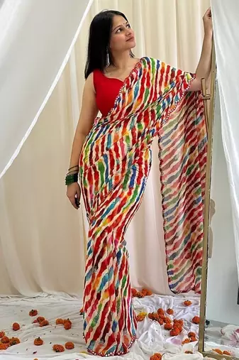 Multicolor chiffon saree in leheriya with scallop border mirror cut-work