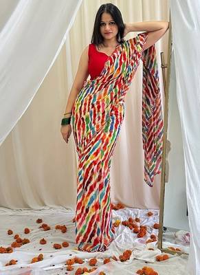Multicolor chiffon saree in leheriya with scallop border mirror cut-work 3