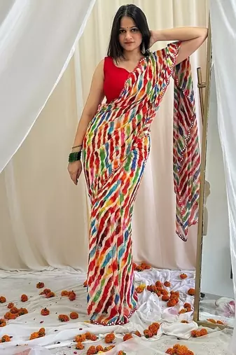 Multicolor chiffon saree in leheriya with scallop border mirror cut-work