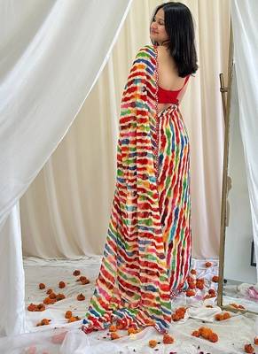 Multicolor chiffon saree in leheriya with scallop border mirror cut-work 4