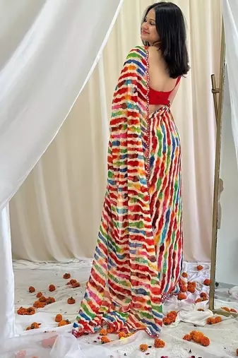 Multicolor chiffon saree in leheriya with scallop border mirror cut-work