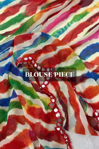 Multicolor chiffon saree in leheriya with scallop border mirror cut-work