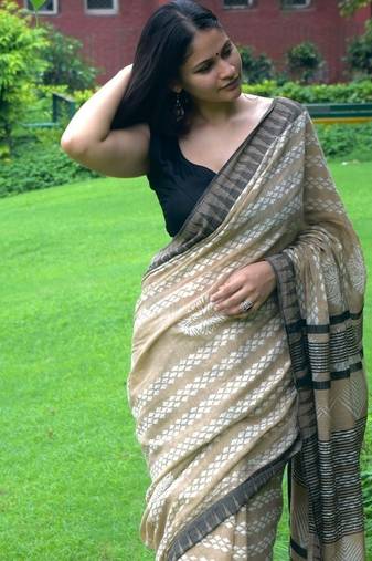 Beige hand block printed linen saree with stripe blouse