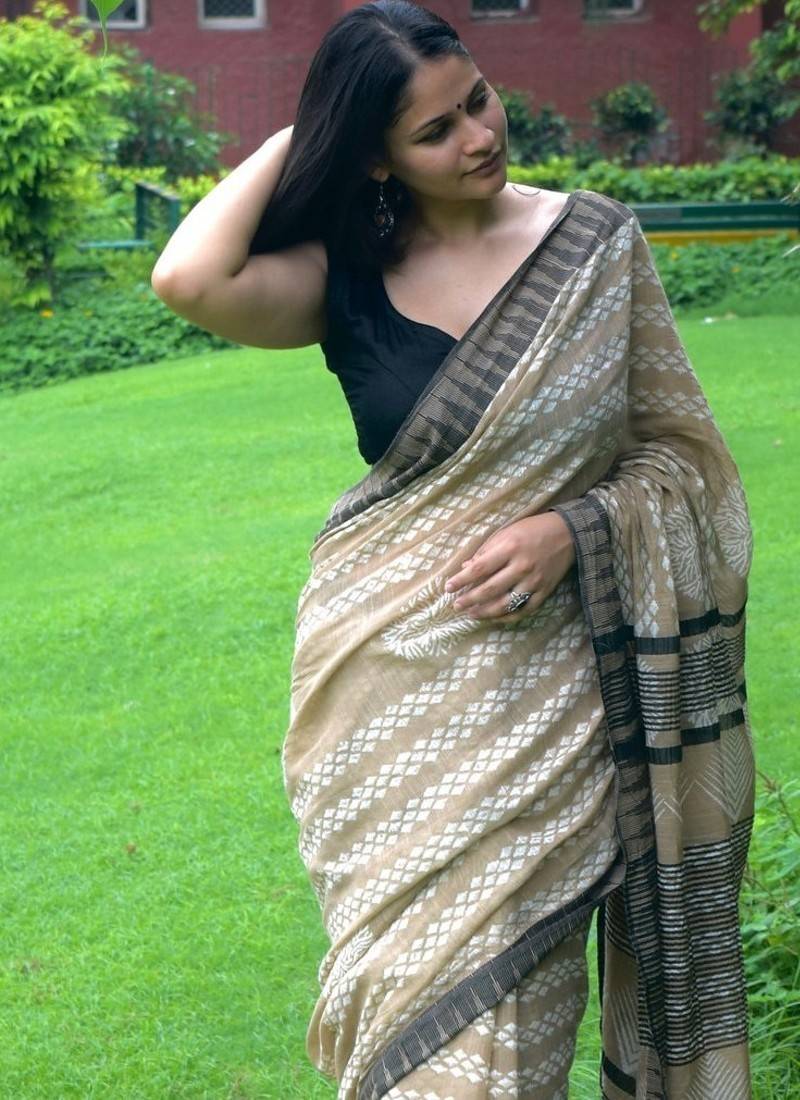 Beige hand block printed linen saree with stripe blouse