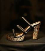 Black three strap heels with brocade platform and block heel