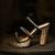 Black three strap heels with brocade platform and block heel