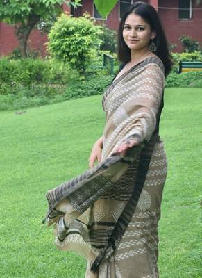 Beige hand block printed linen saree with stripe blouse 2