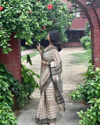 Beige hand block printed linen saree with stripe blouse 3