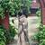 Beige hand block printed linen saree with stripe blouse