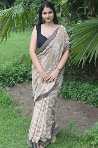 Beige hand block printed linen saree with stripe blouse