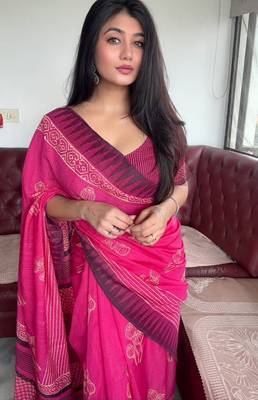 Pink hand block printed linen saree with stripe blouse 2