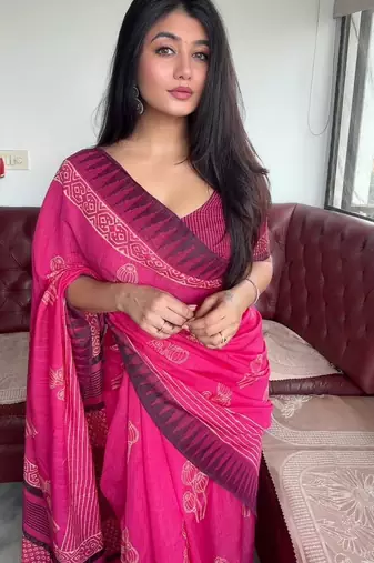Pink hand block printed linen saree with stripe blouse