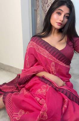 Pink hand block printed linen saree with stripe blouse 3