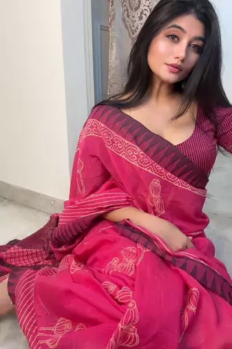 Pink hand block printed linen saree with stripe blouse