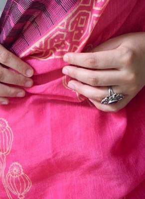Pink hand block printed linen saree with stripe blouse 4
