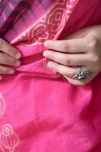 Pink hand block printed linen saree with stripe blouse