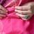 Pink hand block printed linen saree with stripe blouse