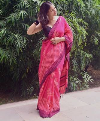 Pink hand block printed linen saree with stripe blouse 5