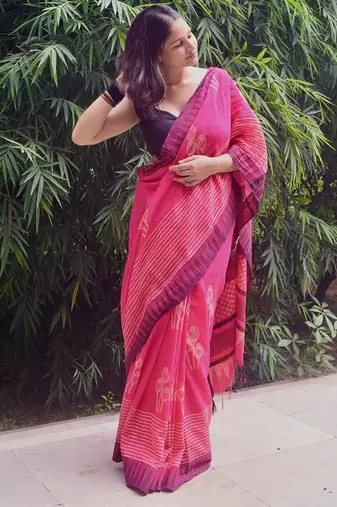 Pink hand block printed linen saree with stripe blouse