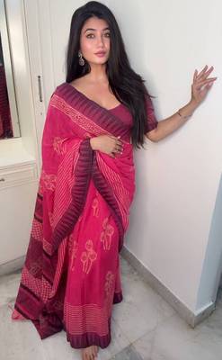Pink hand block printed linen saree with stripe blouse 1
